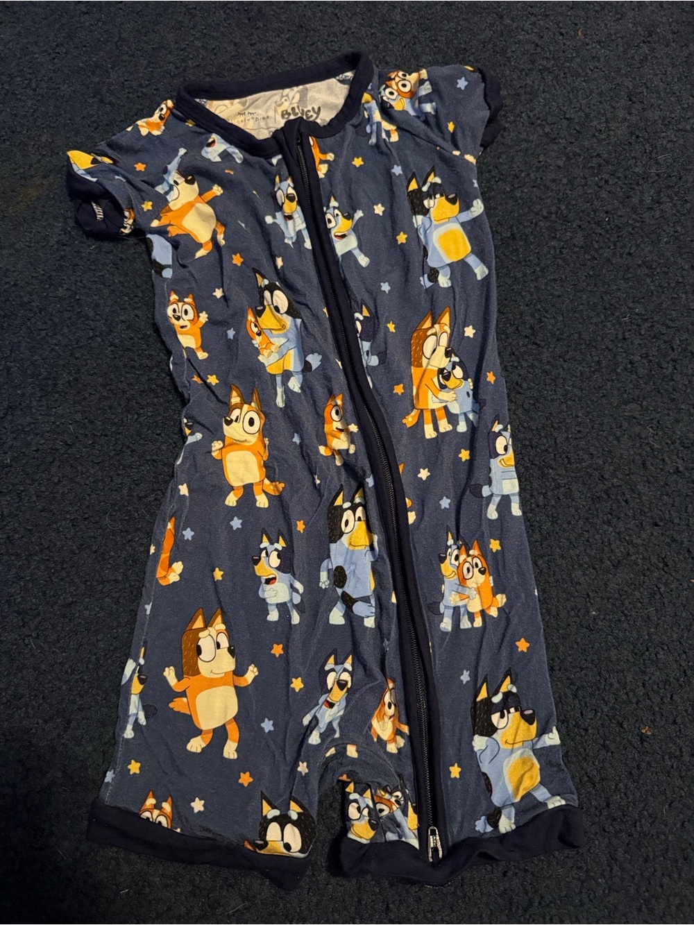 Little Sleepies Navy Blue Pajama Romper with Orange and Light Blue Characters